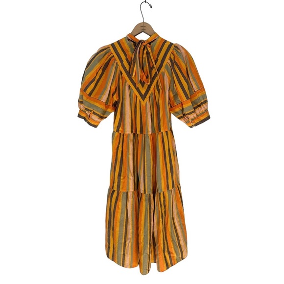 Ulla Johnson | Yellow and Orange Striped Tiered Short Puff Sleeve Dress Size 8 - Picture 5 of 11